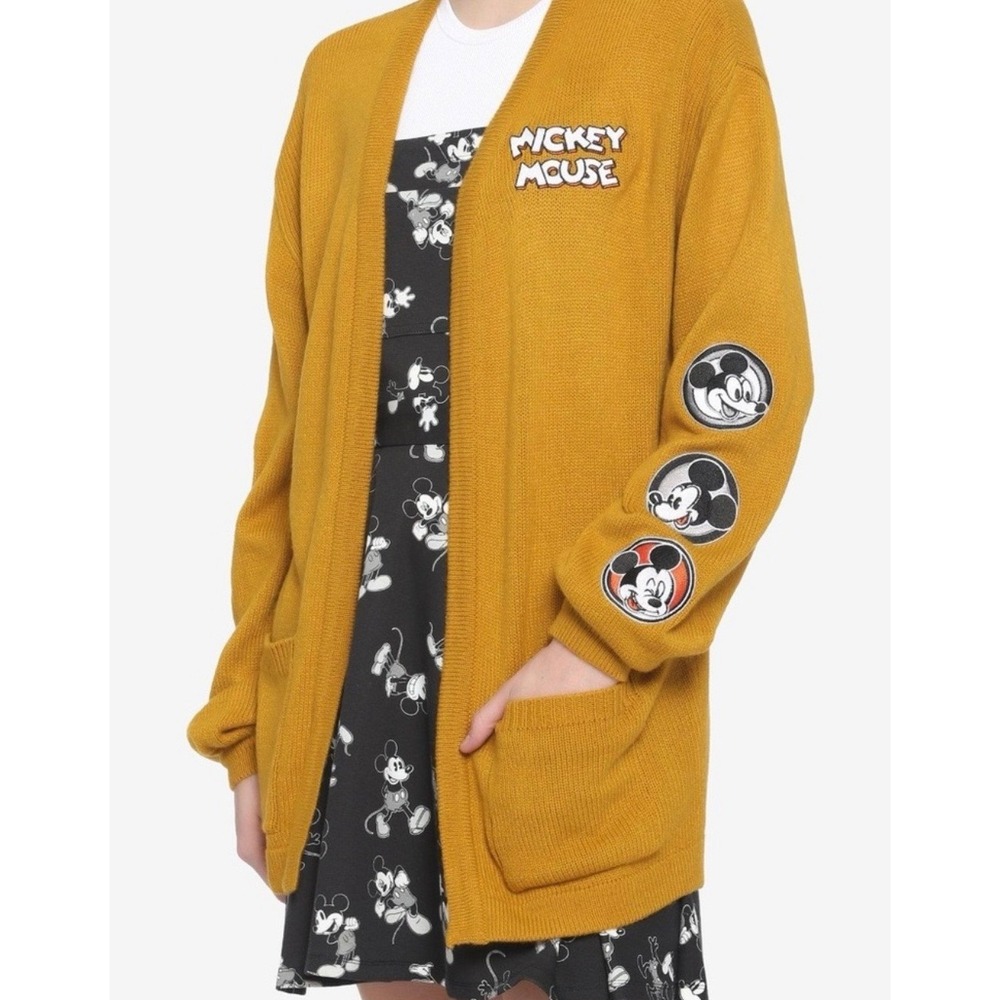 Disney Mickey Mouse Mustard Cardigan Sweater Patches Open Front Women XL